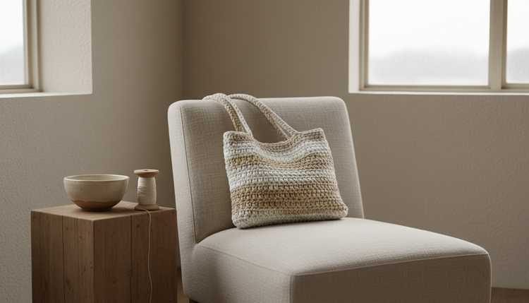 Bolso de crochet sobre un sillón de lino en una estancia luminosa