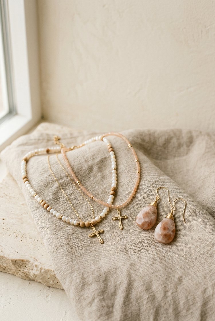 Collares de bolitas con cruz y pendientes de piedra sobre lino