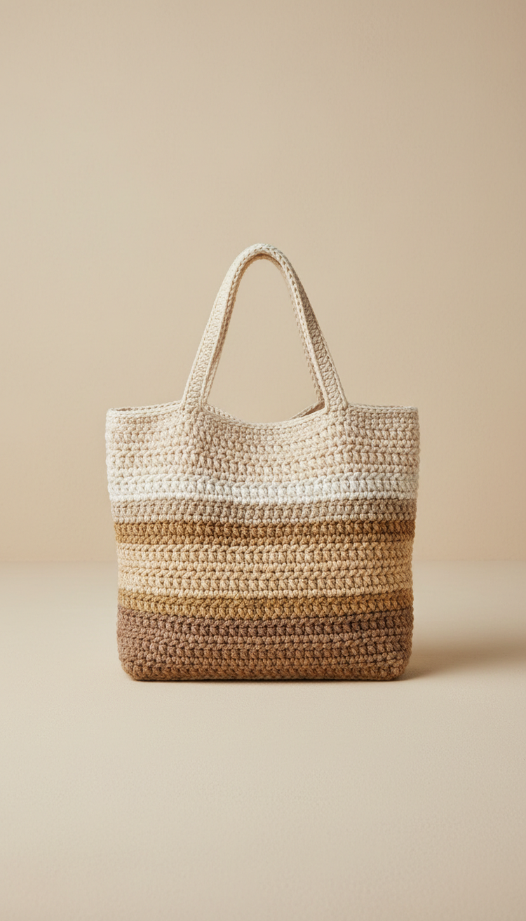 Bolso MOON de crochet a rayas en tonos marfil, arena y tostado